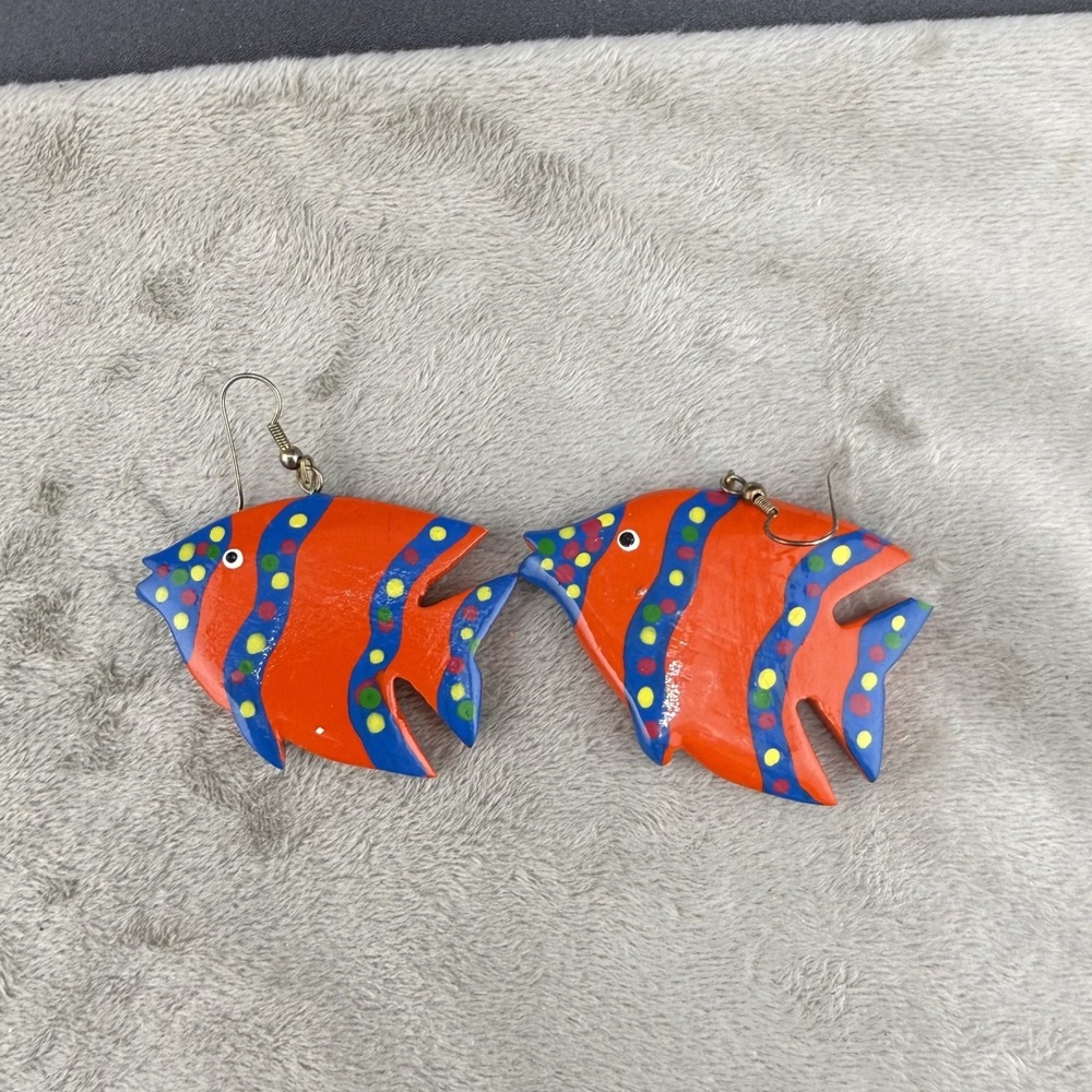 Vintage Fish Pierced Earrings Wood Painted Orange Blue Earrings Sea - Picture 5 of 7